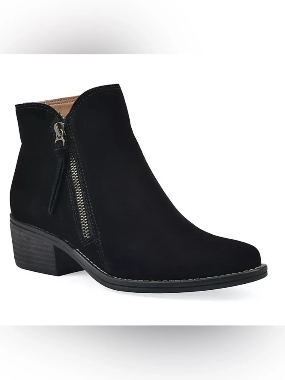 Genuine Black Suede Altos Ankle Boots, Side Zip, 2 inch Block Heel, Size 8